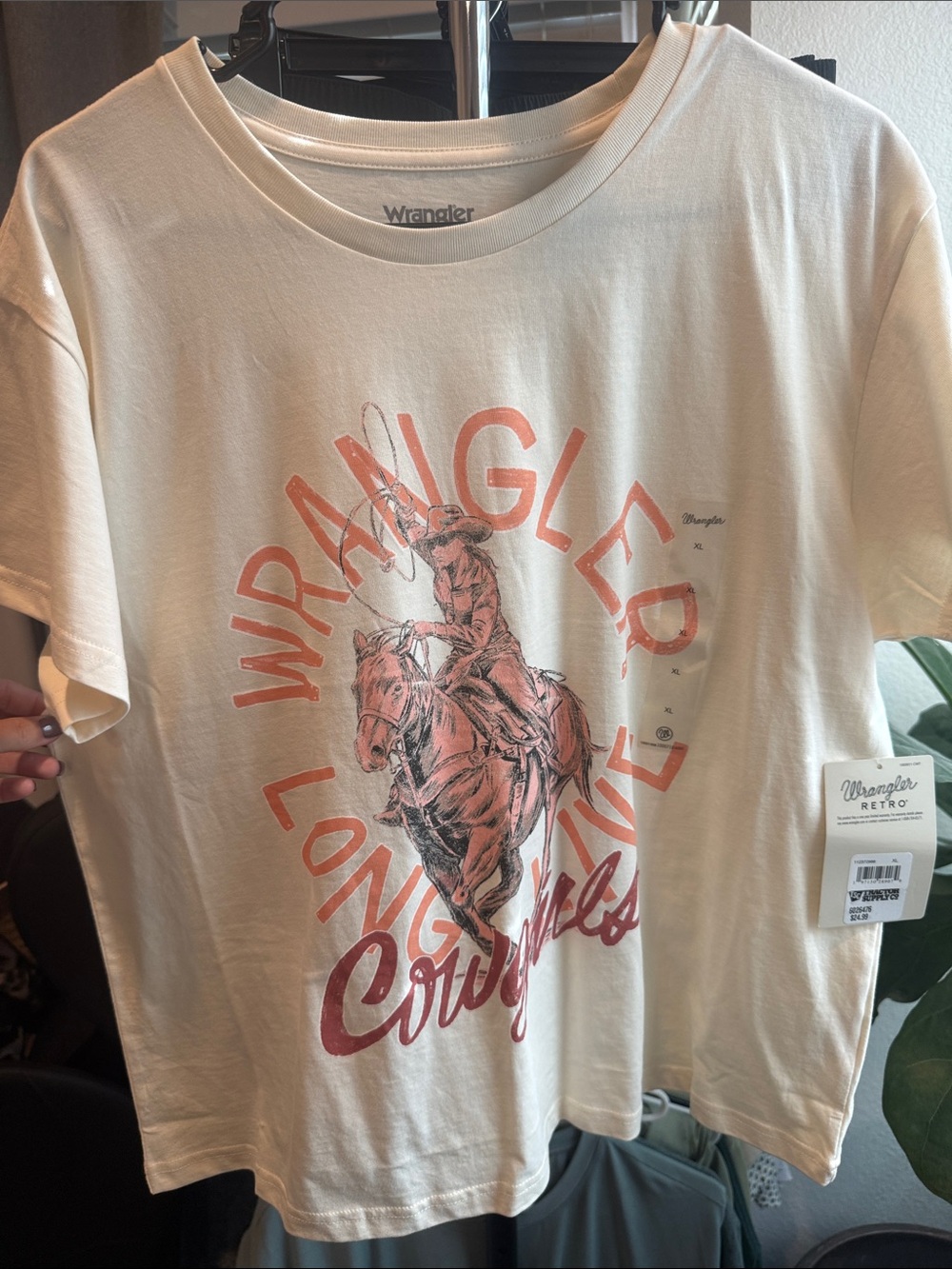 Wrangler Cream Short Sleeve Tee with Coral Rodeo Graphic